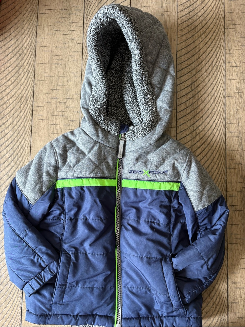 ZeroXposur Navy, Gray & Lime Green Quilted Hooded Puffer Jacket - Kids